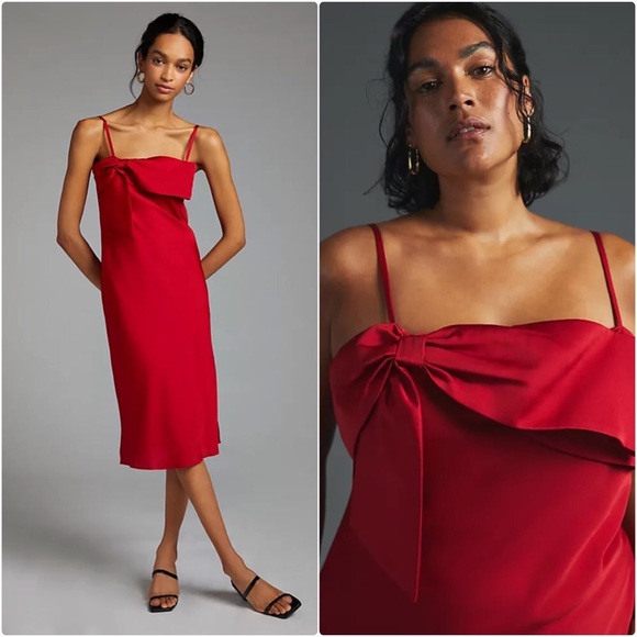 NWT ANTHROPOLOGIE BOW FRONT SLIP MIDI DRESS IN RED - Picture 10 of 10